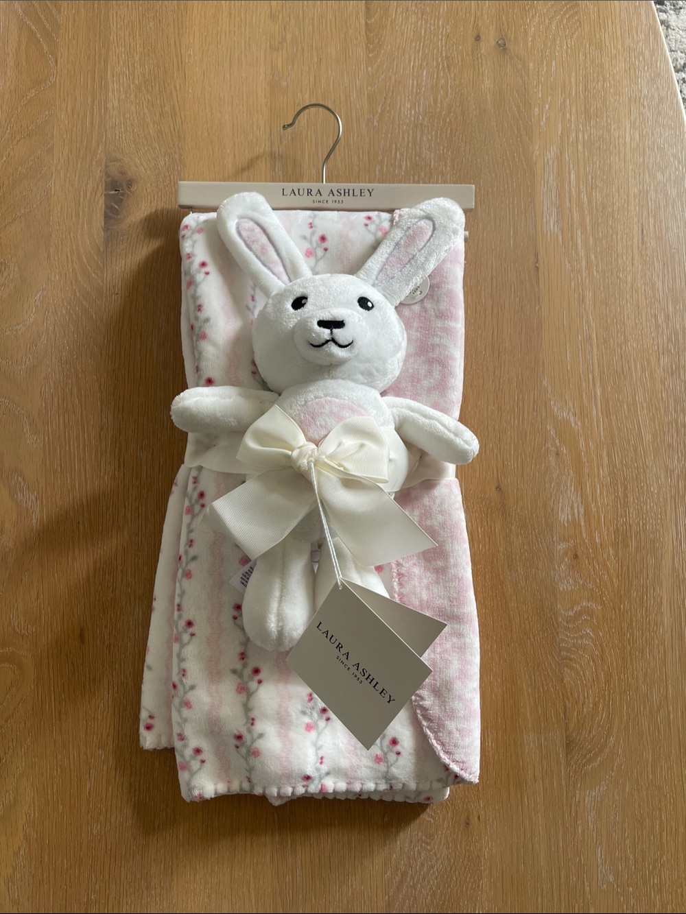 Laura Ashley Pink and White Bunny Plush Baby Blanket